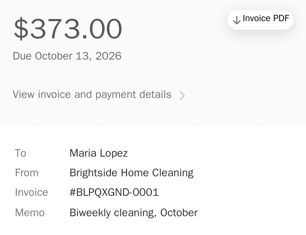 Stripe invoice page on a phone: $373.00 due October 13, from Brightside Home Cleaning to Maria Lopez